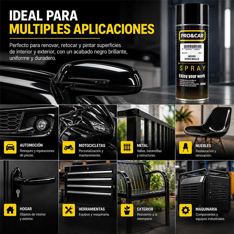 Spray Pintura Negro Nitro Brillo 400 ml | PRO&CAR