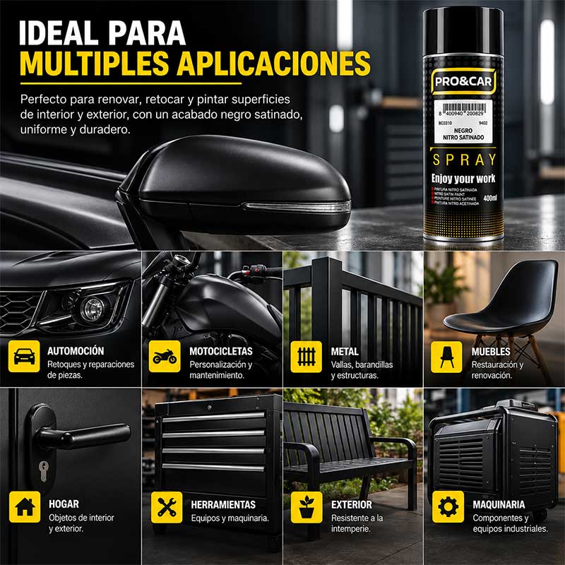 Spray Pintura Negro Nitro Satinado 400 ml | PRO&CAR