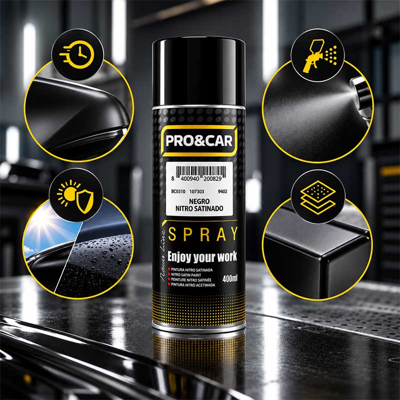 Spray Pintura Negro Nitro Satinado 400 ml | PRO&CAR